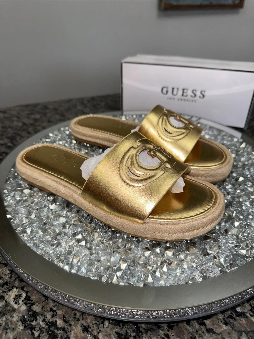 GUESS Gold Metallic Slide Sandals with Espadrille Trim NEW 7.5